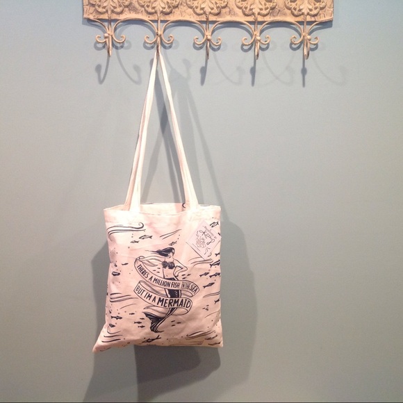 Mermaid Beach Bag Tote Canvas Shoulder Purse Fish - Picture 3 of 6